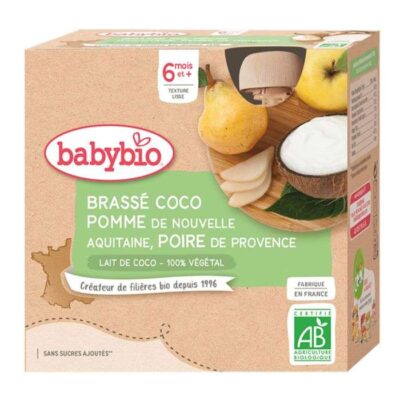 BABYBIO BRASSE COCO POMME DE NOUVELLE AQUITAINE POIRE DE PROVENCE 6 MOIS + PACK DE 4